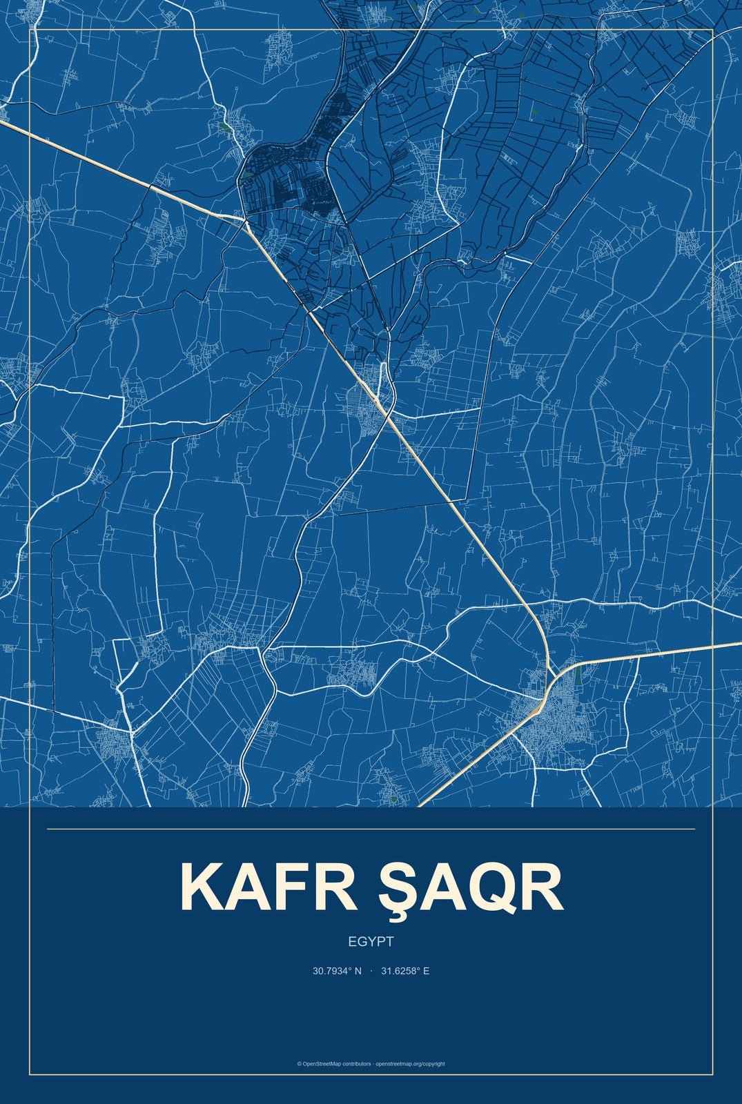 Kafr Şaqr, Egypt City Map Aluminum Sign in Harbor Cobalt style
