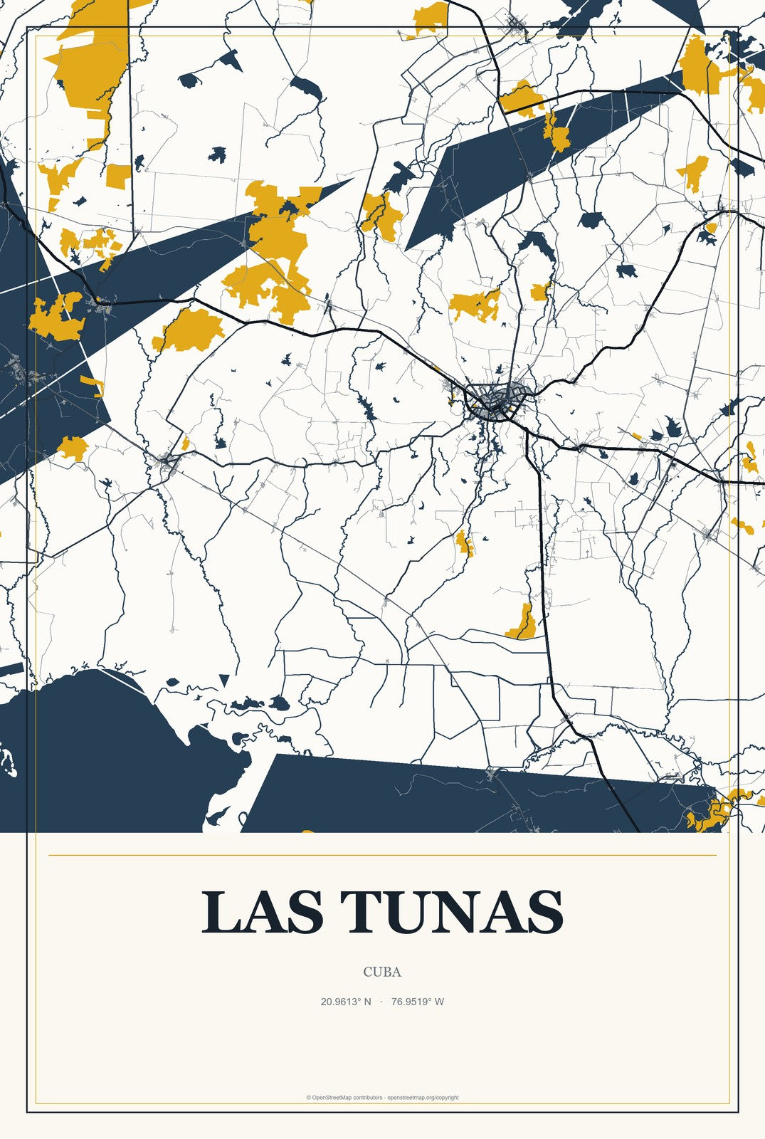 Las Tunas, Cuba City Map Aluminum Sign in Citrine Modern style