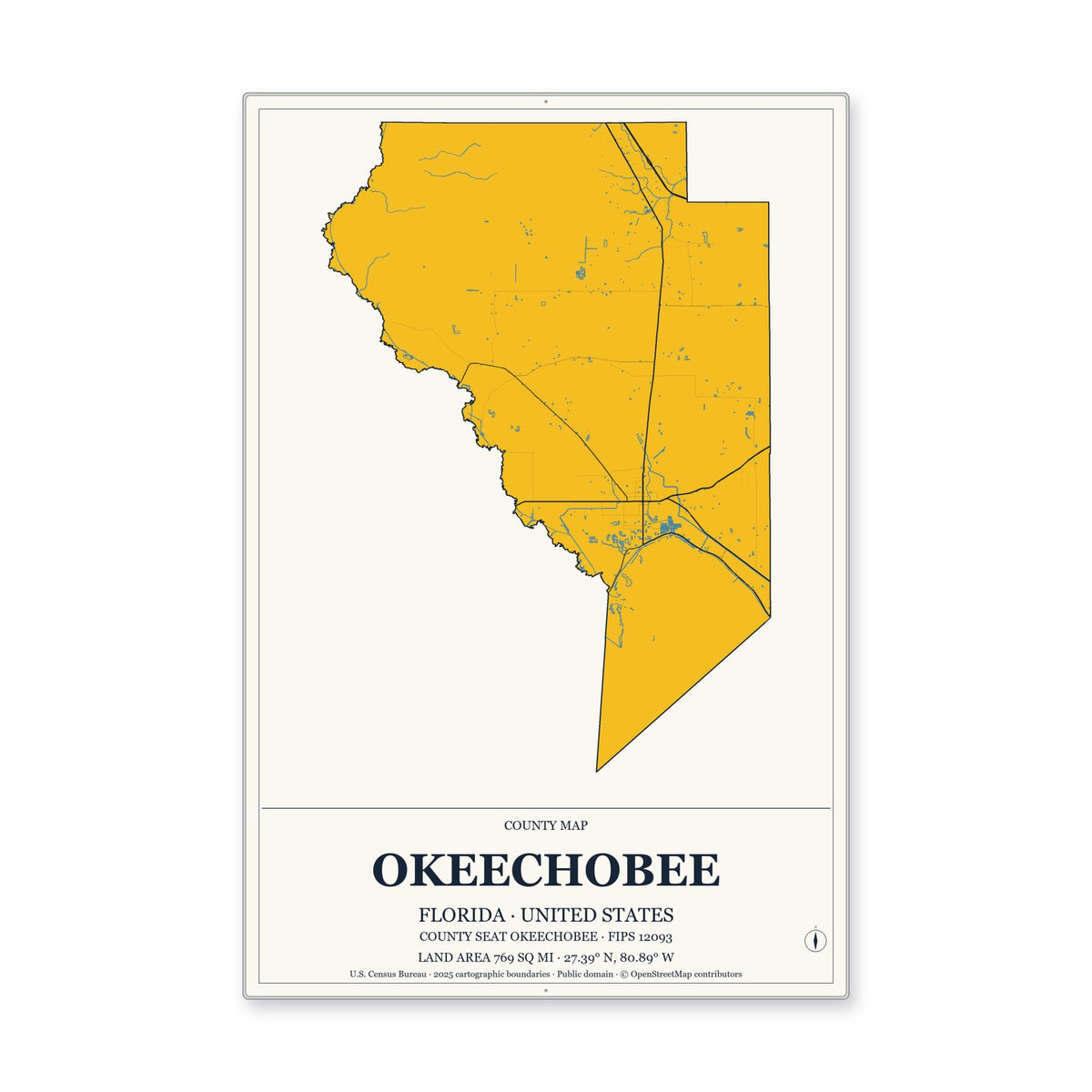 Okeechobee County, Florida Map Aluminum Sign in Citrine Modern style