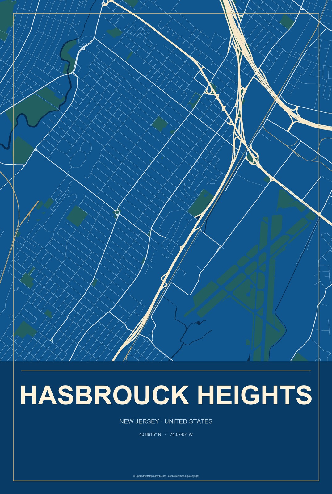 Hasbrouck Heights, New Jersey City Map Aluminum Sign in Harbor Cobalt style