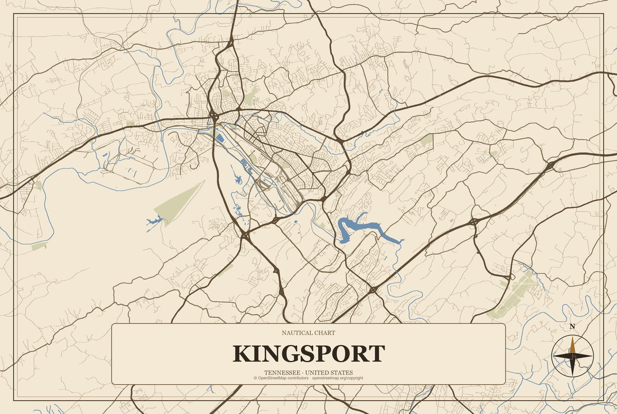 Kingsport, Tennessee City Map Aluminum Sign in Heritage Nautical style
