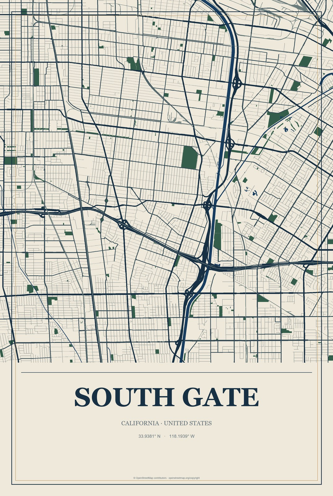 South Gate, California City Map Aluminum Sign in Coastal Cutout style