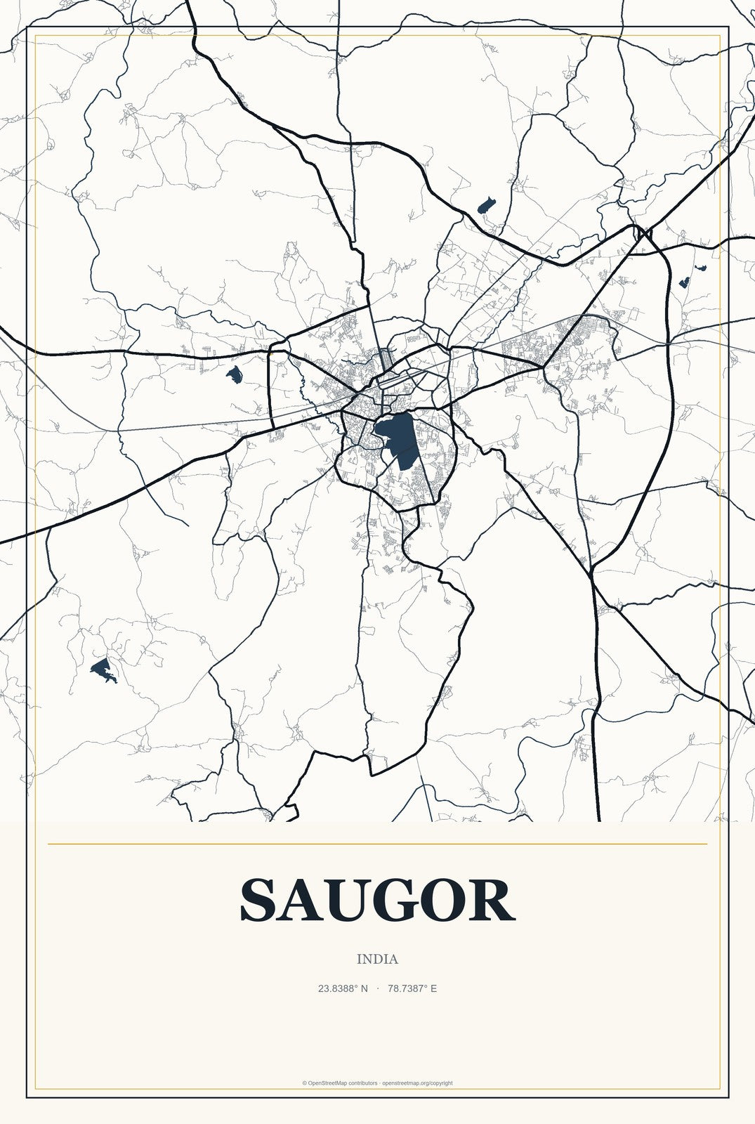 Saugor, India City Map Aluminum Sign in Citrine Modern style