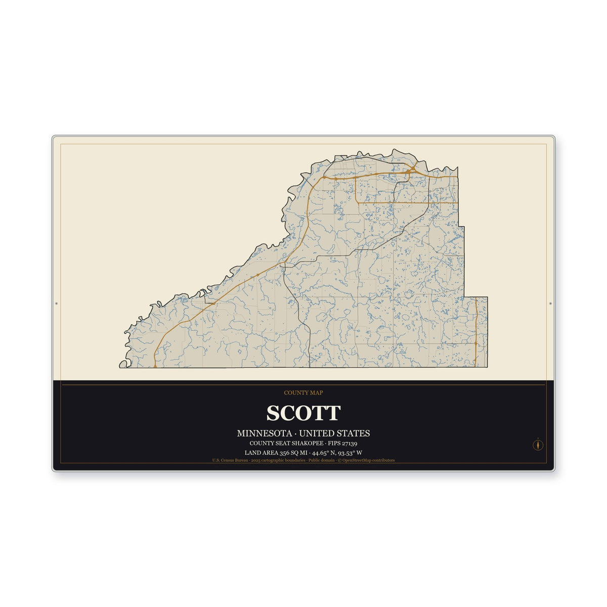 Scott County, Minnesota Map Aluminum Sign in Museum Plaque style