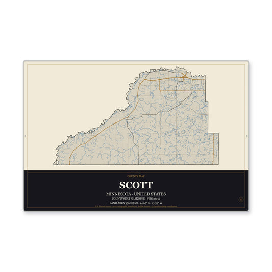 Scott County, Minnesota Map Aluminum Sign in Museum Plaque style