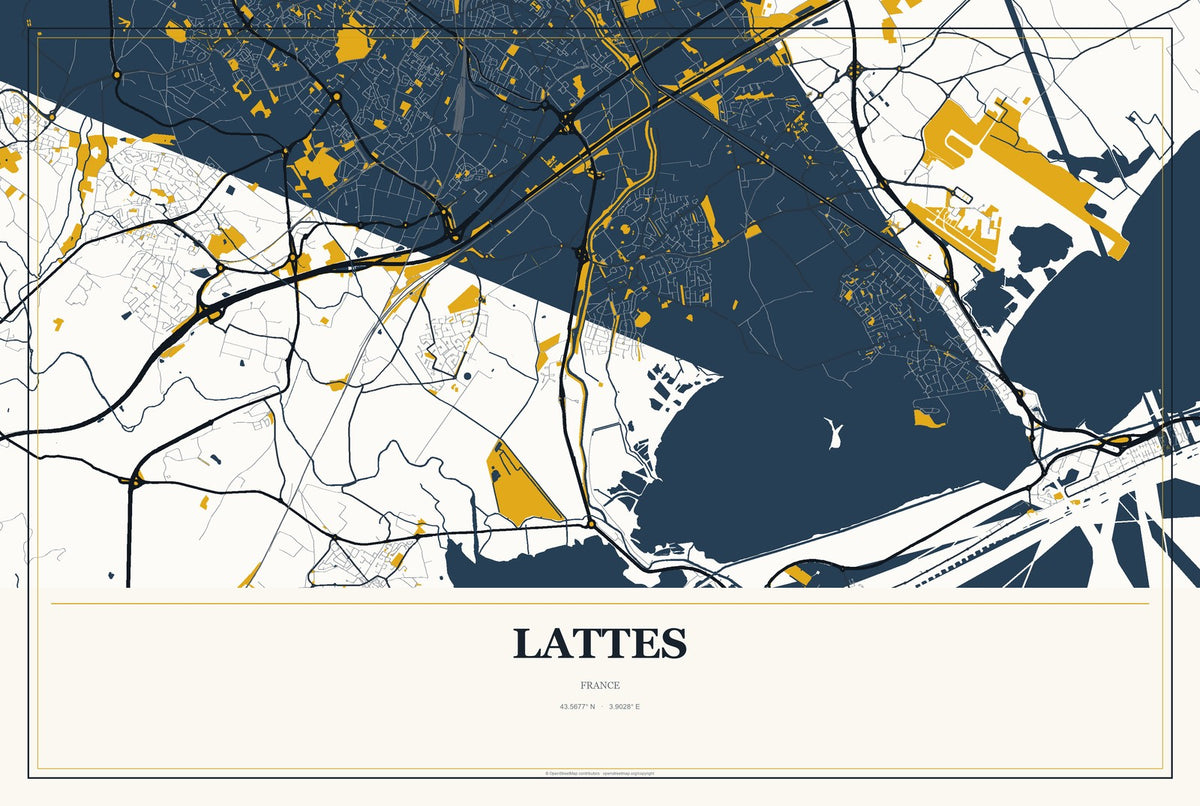Lattes, France City Map Aluminum Sign in Citrine Modern style