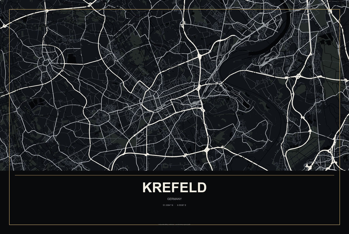 Krefeld, Germany City Map Aluminum Sign in Metropolitan Noir style