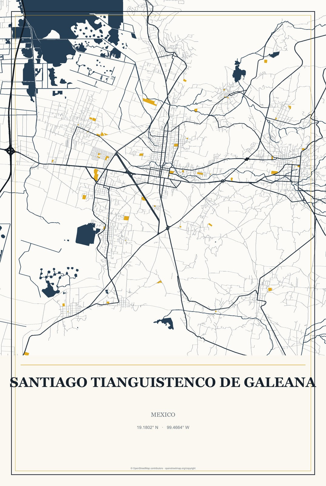 Santiago Tianguistenco de Galeana, Mexico City Map Aluminum Sign in Citrine Modern style