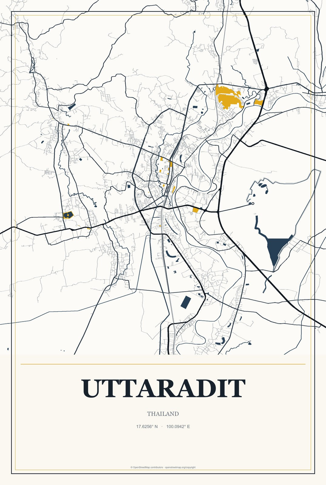 Uttaradit, Thailand City Map Aluminum Sign in Citrine Modern style
