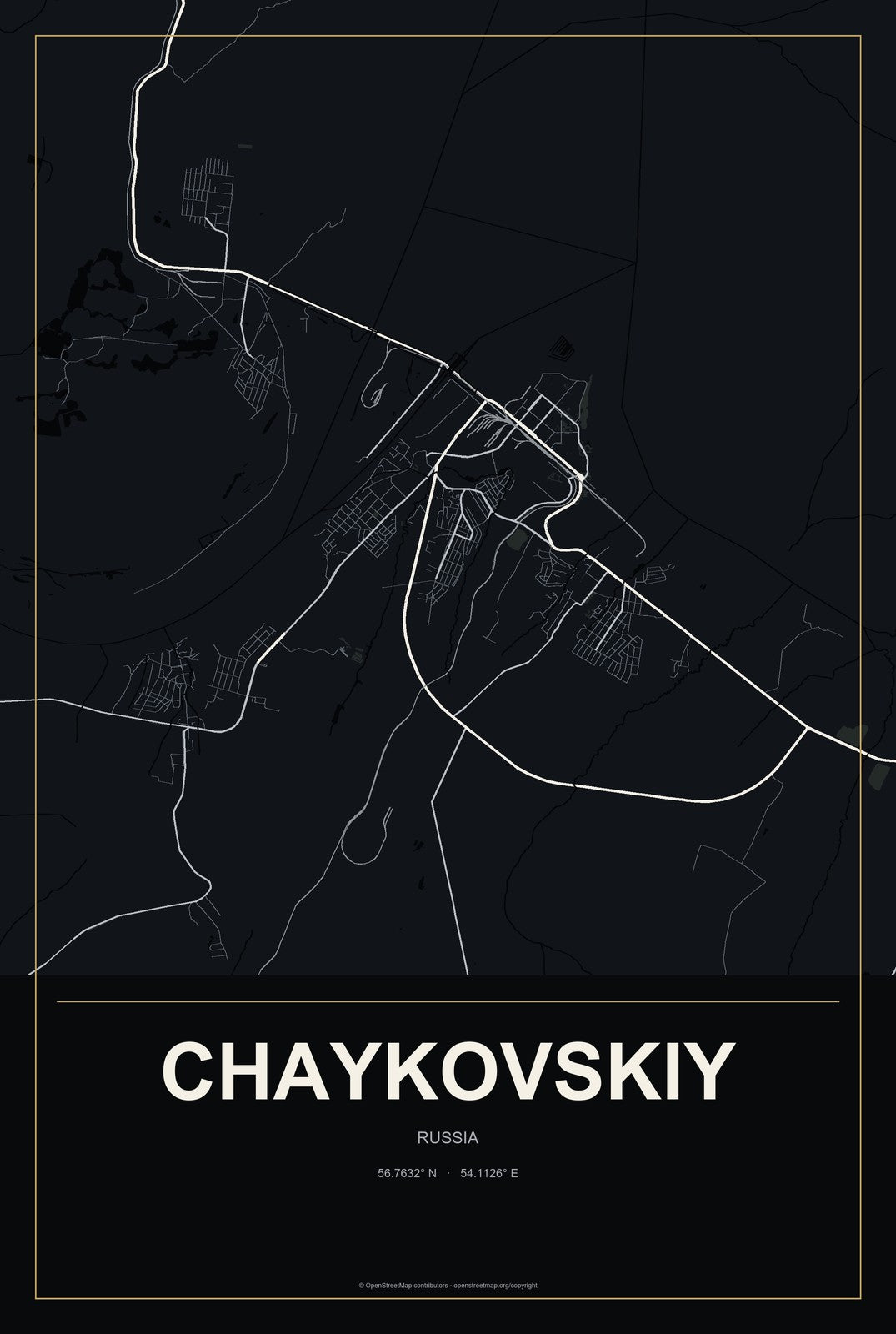 Chaykovskiy, Russia City Map Aluminum Sign in Metropolitan Noir style