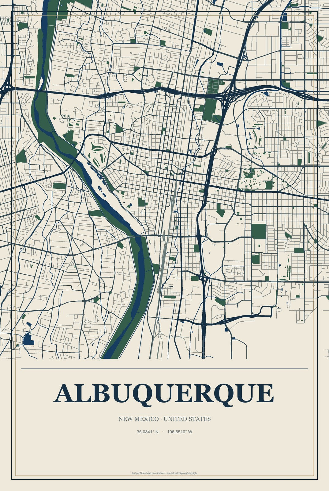 Albuquerque, New Mexico City Map Aluminum Sign in Coastal Cutout style