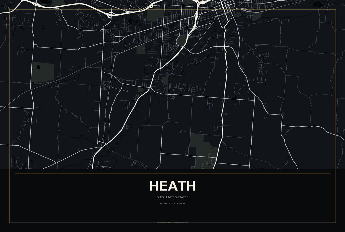 Heath, Ohio City Map Aluminum Sign in Metropolitan Noir style