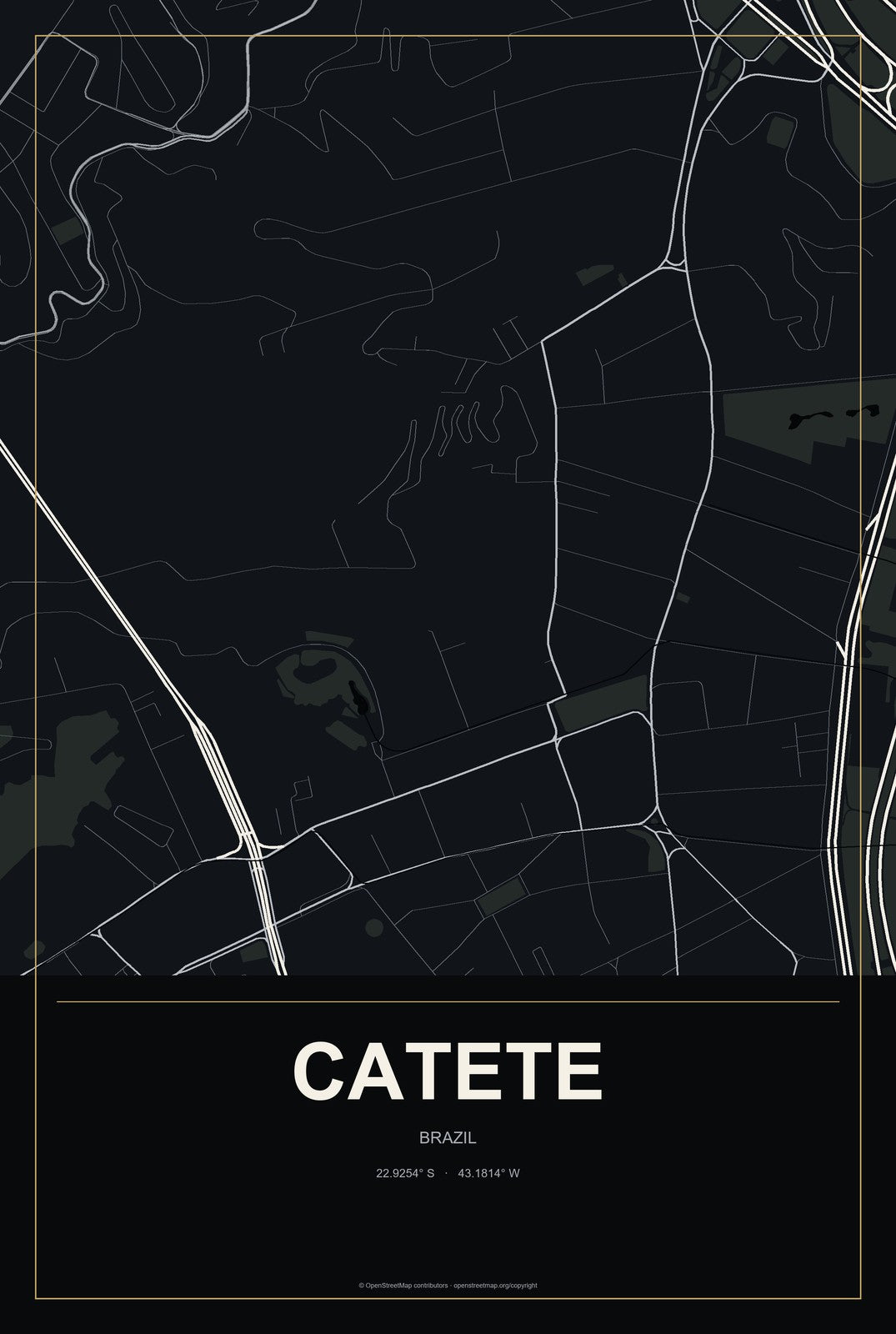 Catete, Brazil City Map Aluminum Sign in Metropolitan Noir style