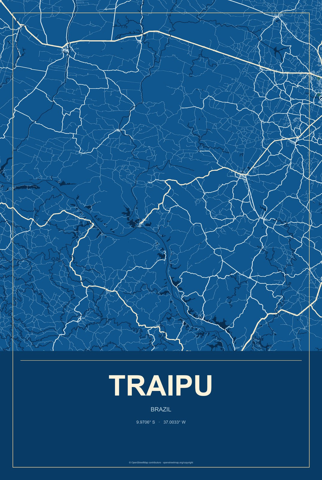 Traipu, Brazil City Map Aluminum Sign in Harbor Cobalt style