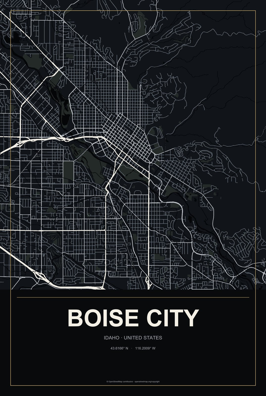 Boise City, Idaho City Map Aluminum Sign in Metropolitan Noir style