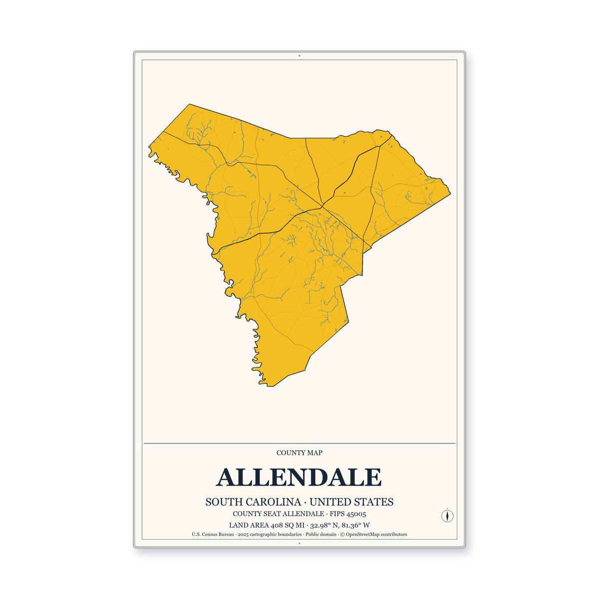 Allendale County, South Carolina Map Aluminum Sign in Citrine Modern style