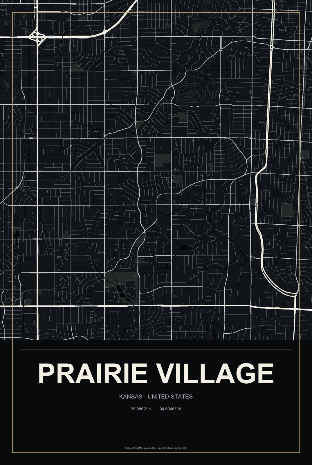 Prairie Village, Kansas City Map Aluminum Sign in Metropolitan Noir style