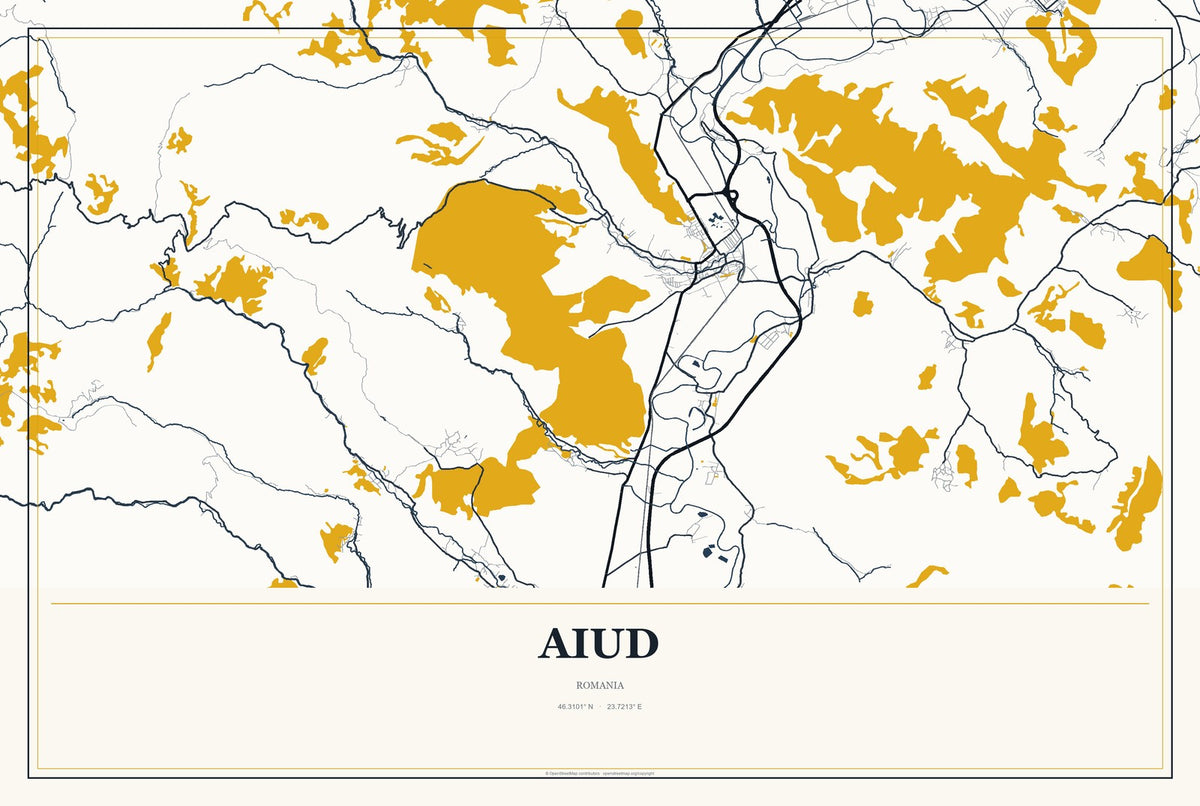 Aiud, Romania City Map Aluminum Sign in Citrine Modern style