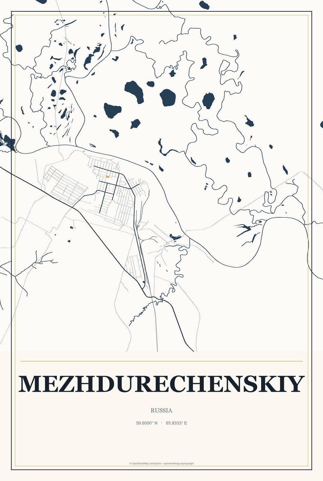 Mezhdurechenskiy, Russia City Map Aluminum Sign in Citrine Modern style