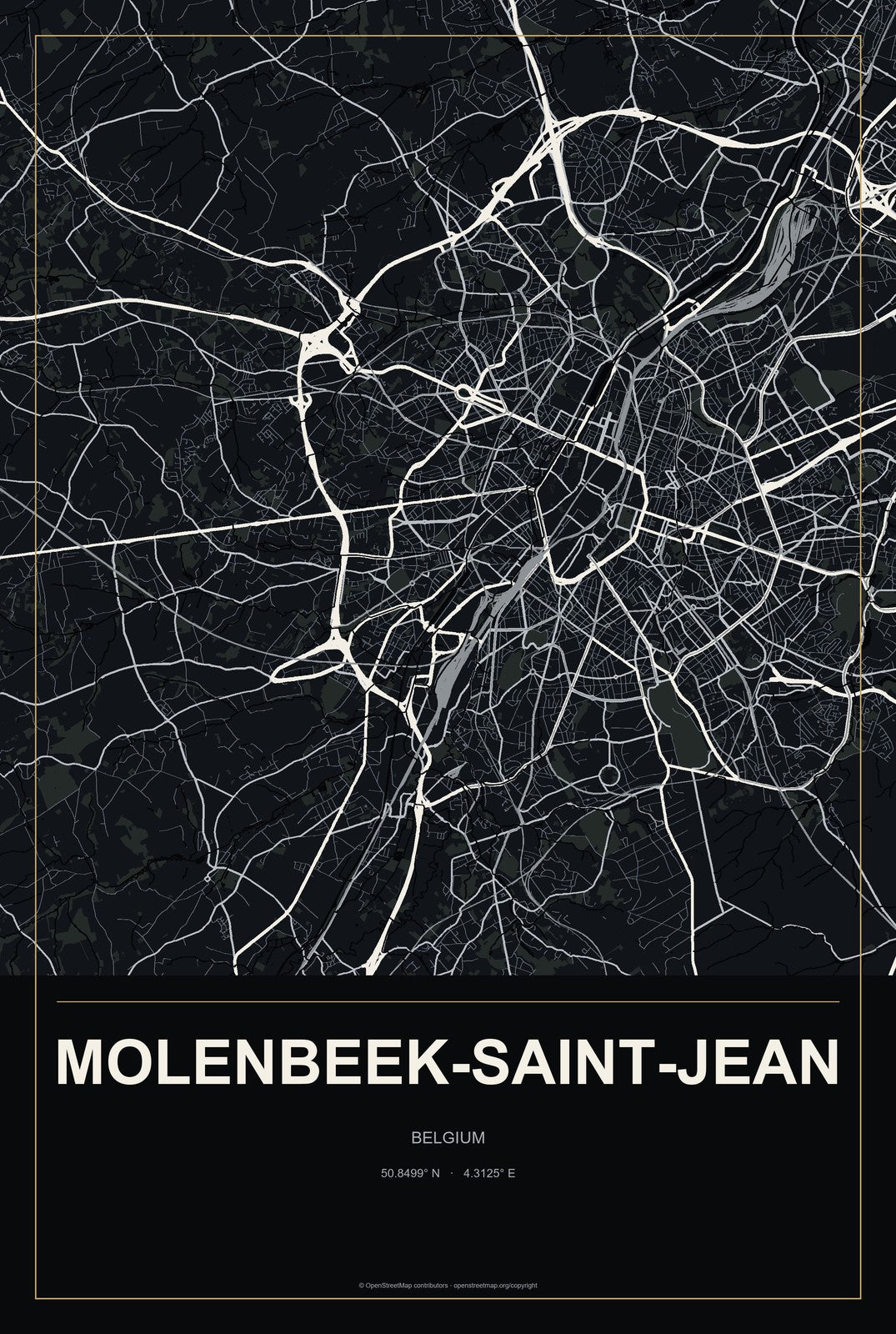 Molenbeek-Saint-Jean, Belgium City Map Aluminum Sign in Metropolitan Noir style