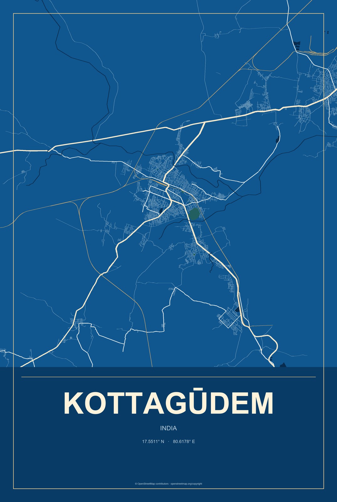 Kottagūdem, India City Map Aluminum Sign in Harbor Cobalt style
