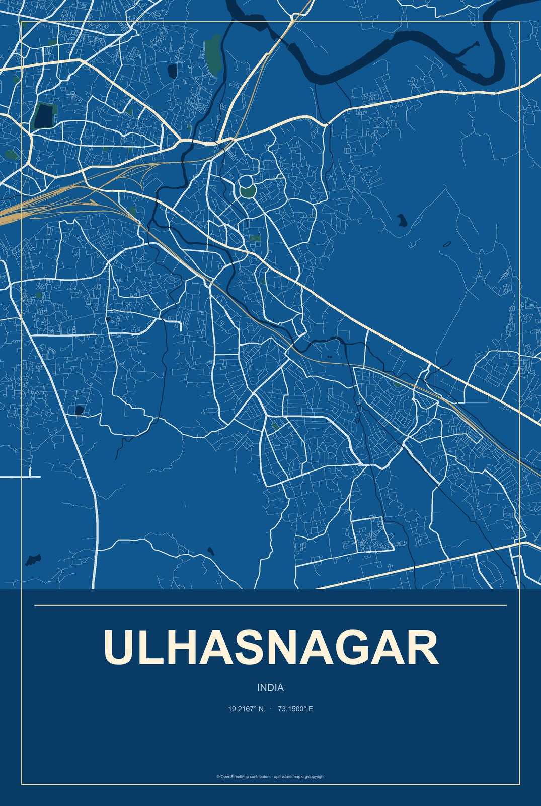 Ulhasnagar, India City Map Aluminum Sign in Harbor Cobalt style