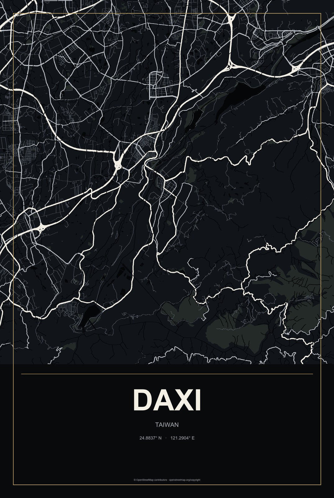 Daxi, Taiwan City Map Aluminum Sign in Metropolitan Noir style