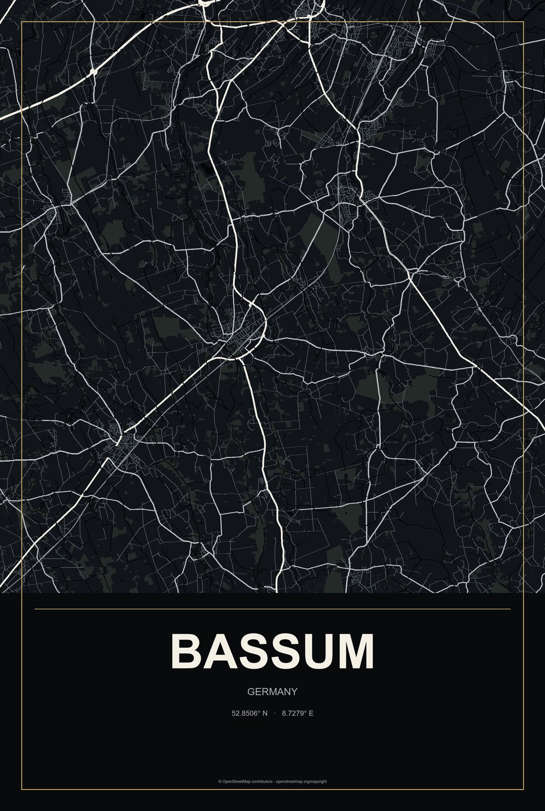 Bassum, Germany City Map Aluminum Sign in Metropolitan Noir style
