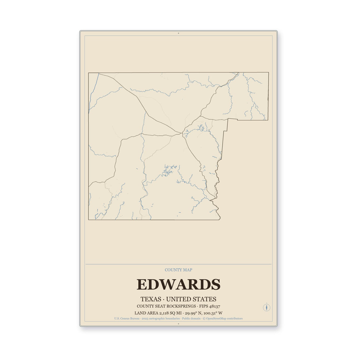 Edwards County, Texas Map Aluminum Sign in Heritage Nautical style