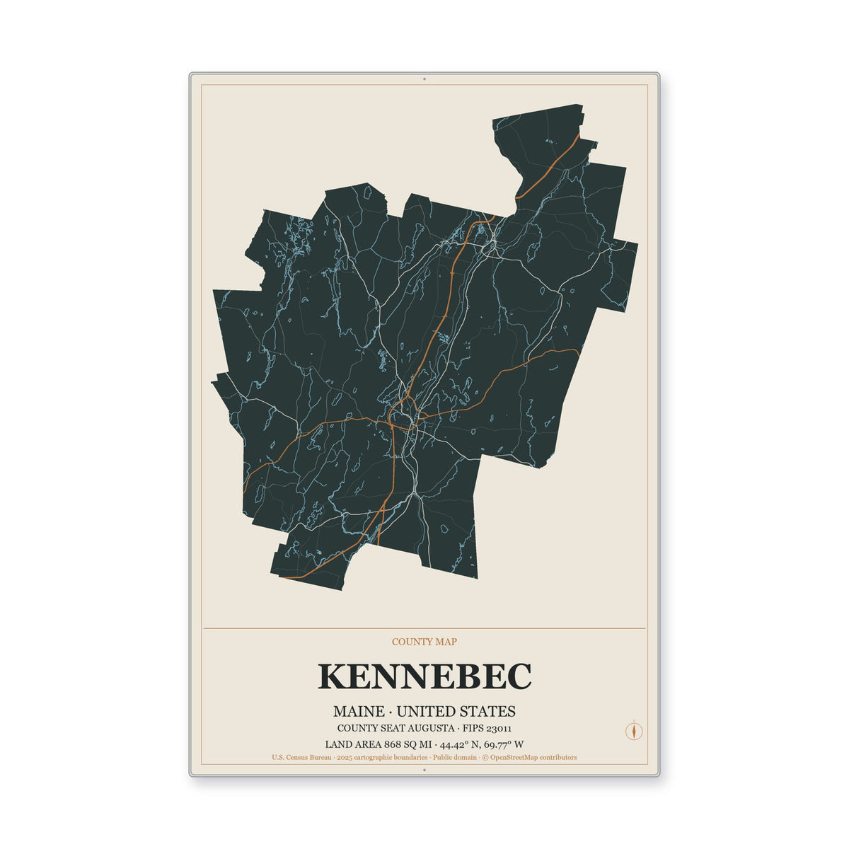Kennebec County, Maine Map Aluminum Sign in Headline Atlas style