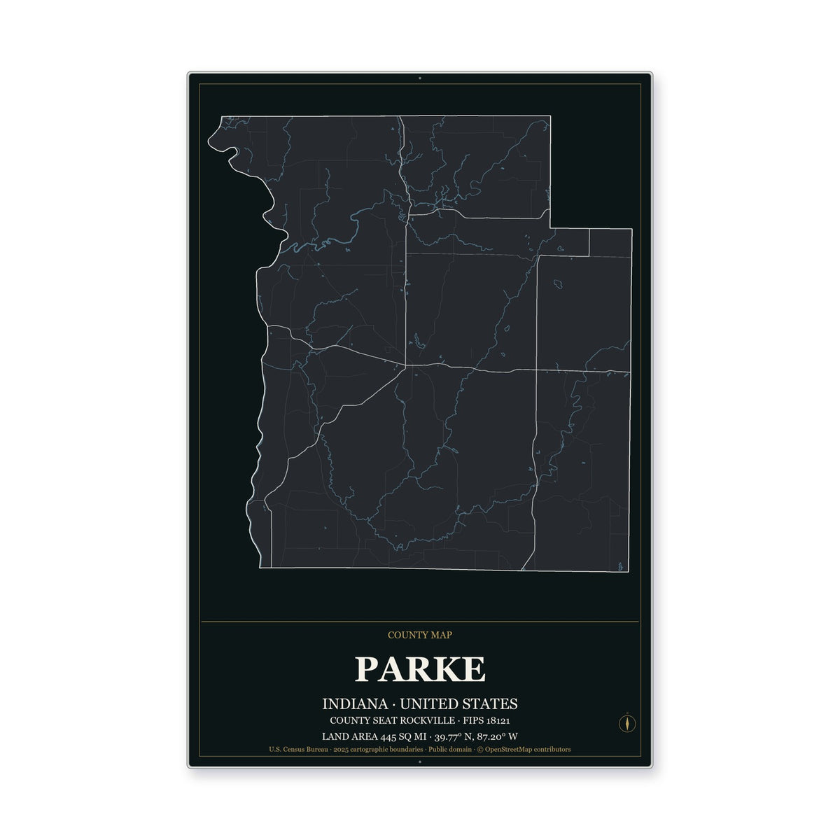 Parke County, Indiana Map Aluminum Sign in Metropolitan Noir style