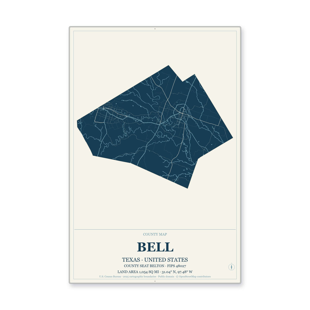 Bell County, Texas Map Aluminum Sign in Coastal Cutout style