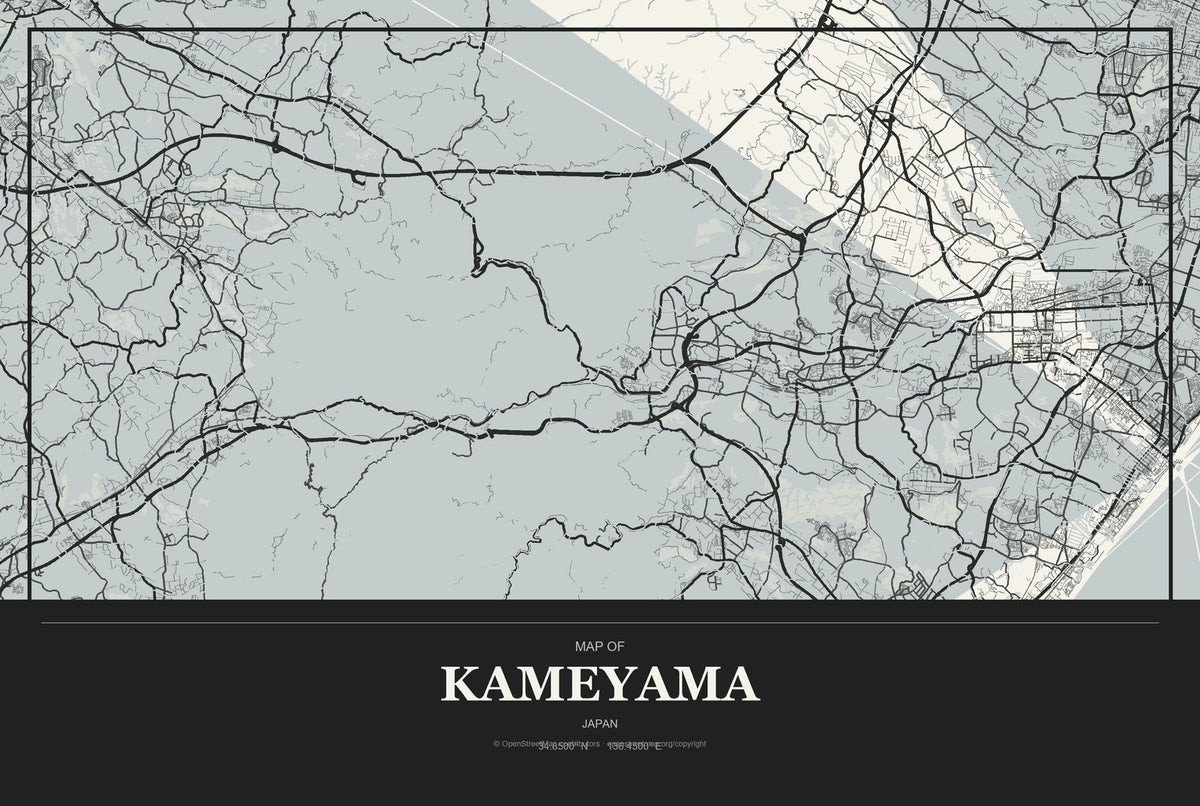 Kameyama, Japan City Map Aluminum Sign in Museum Plaque style