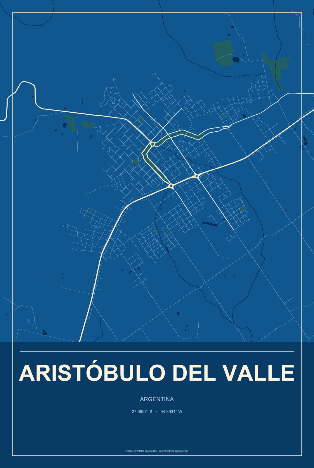 Aristóbulo del Valle, Argentina City Map Aluminum Sign in Harbor Cobalt style