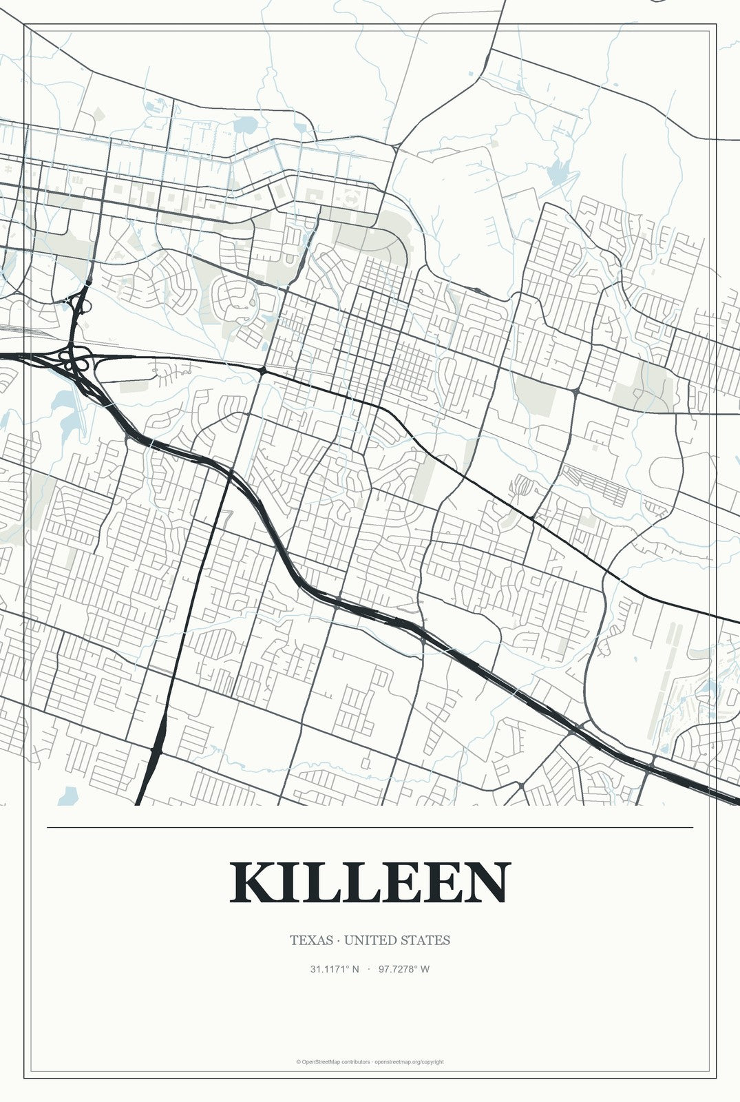 Killeen, Texas City Map Aluminum Sign in Gallery Air style