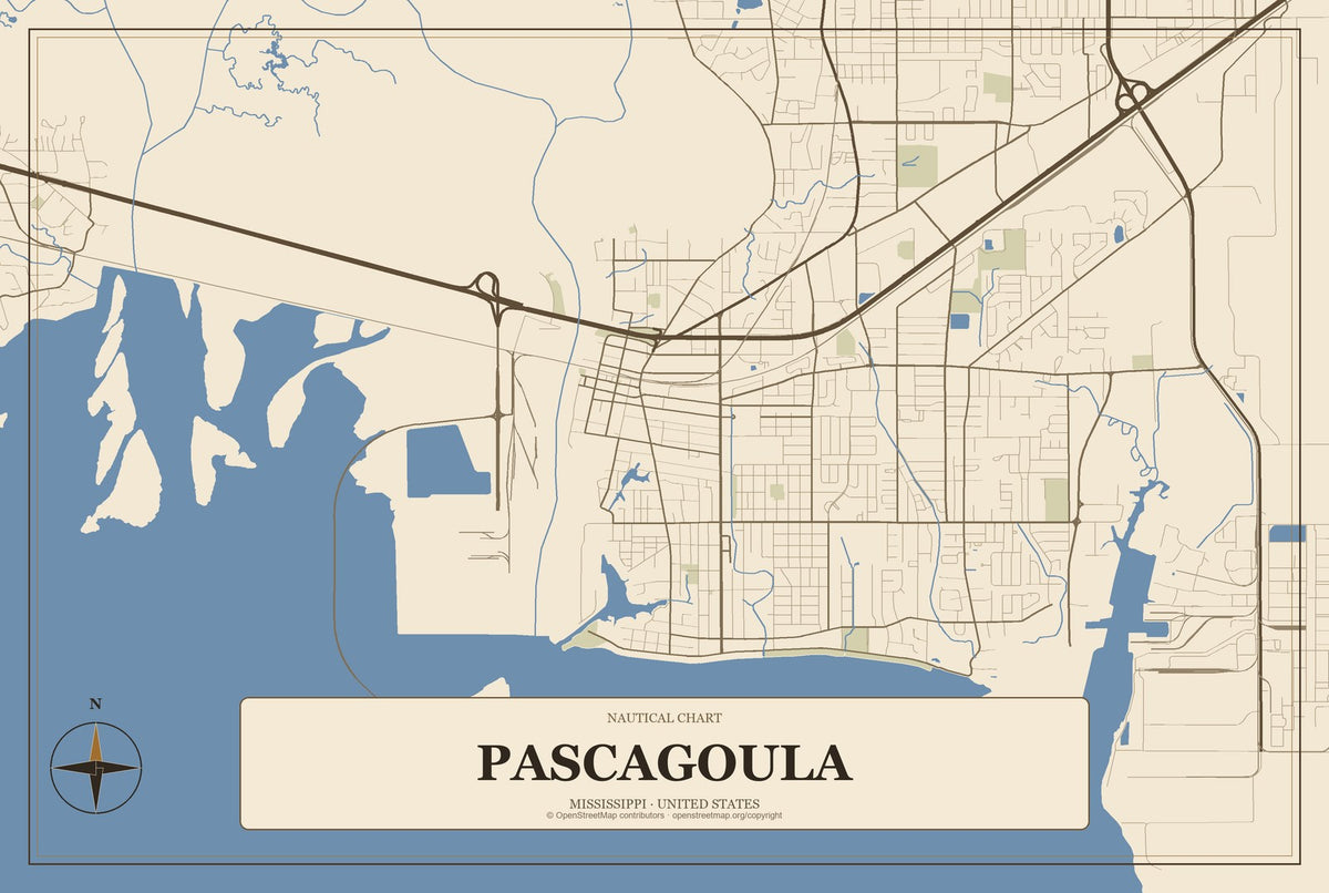 Pascagoula, Mississippi City Map Aluminum Sign in Heritage Nautical style
