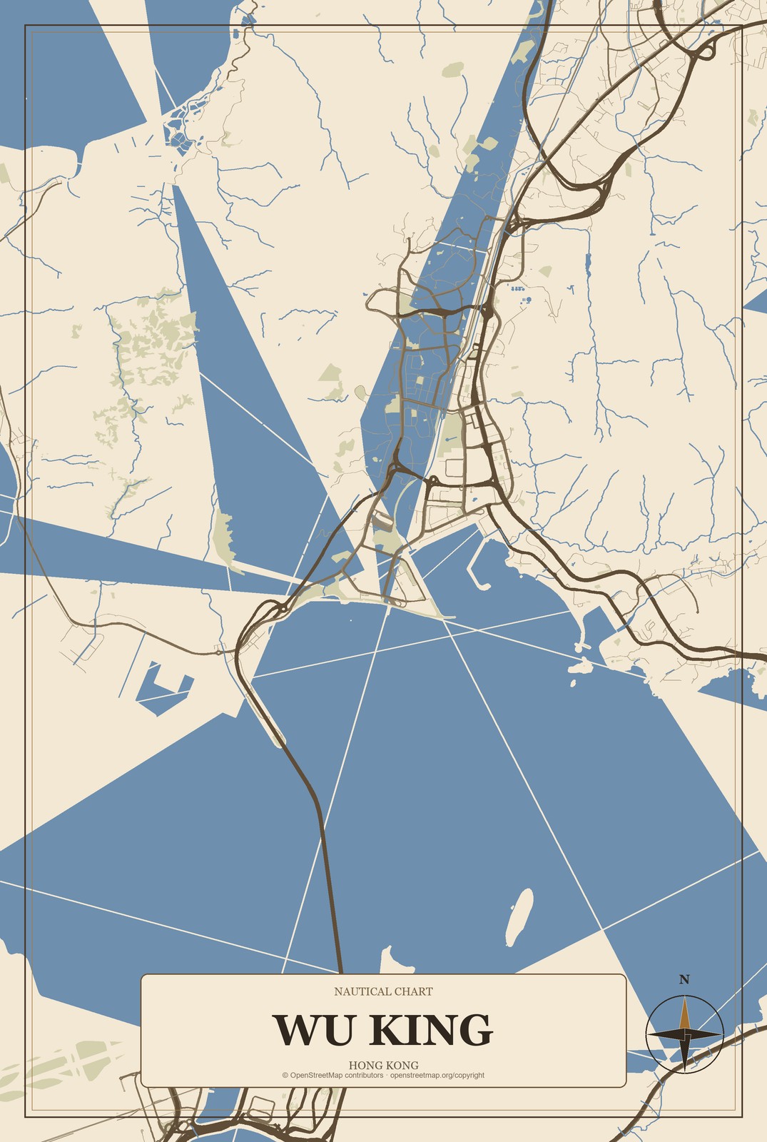Wu King, Hong Kong City Map Aluminum Sign in Heritage Nautical style