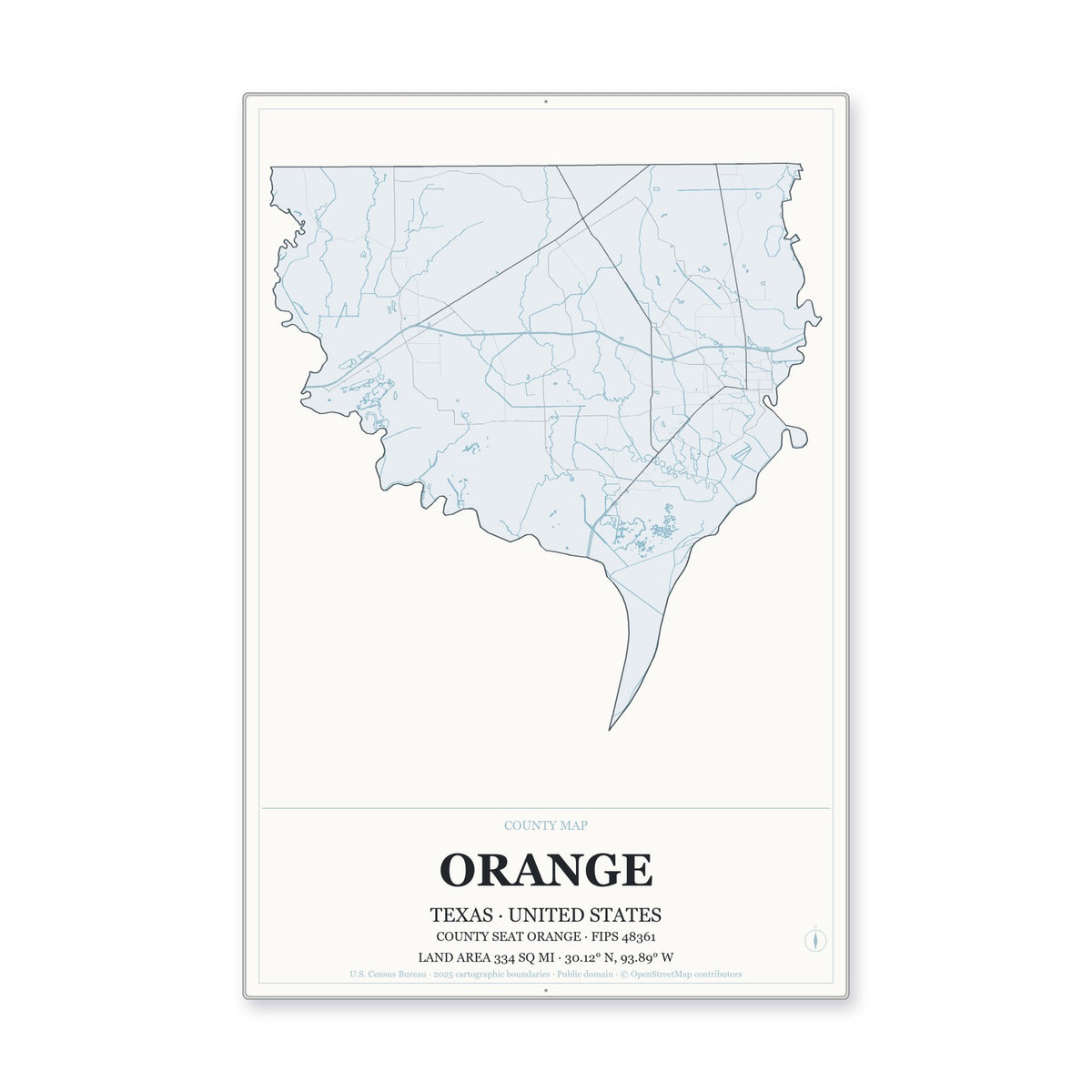 Orange County, Texas Map Aluminum Sign in Gallery Air style