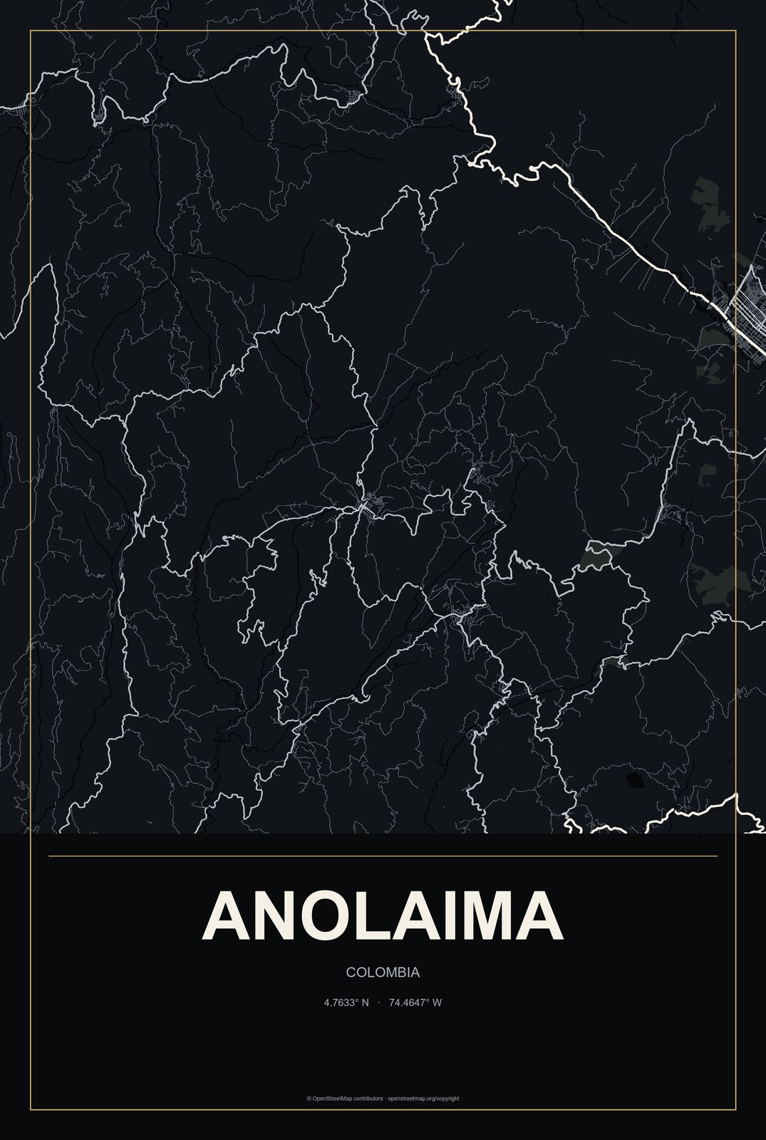 Anolaima, Colombia City Map Aluminum Sign in Metropolitan Noir style