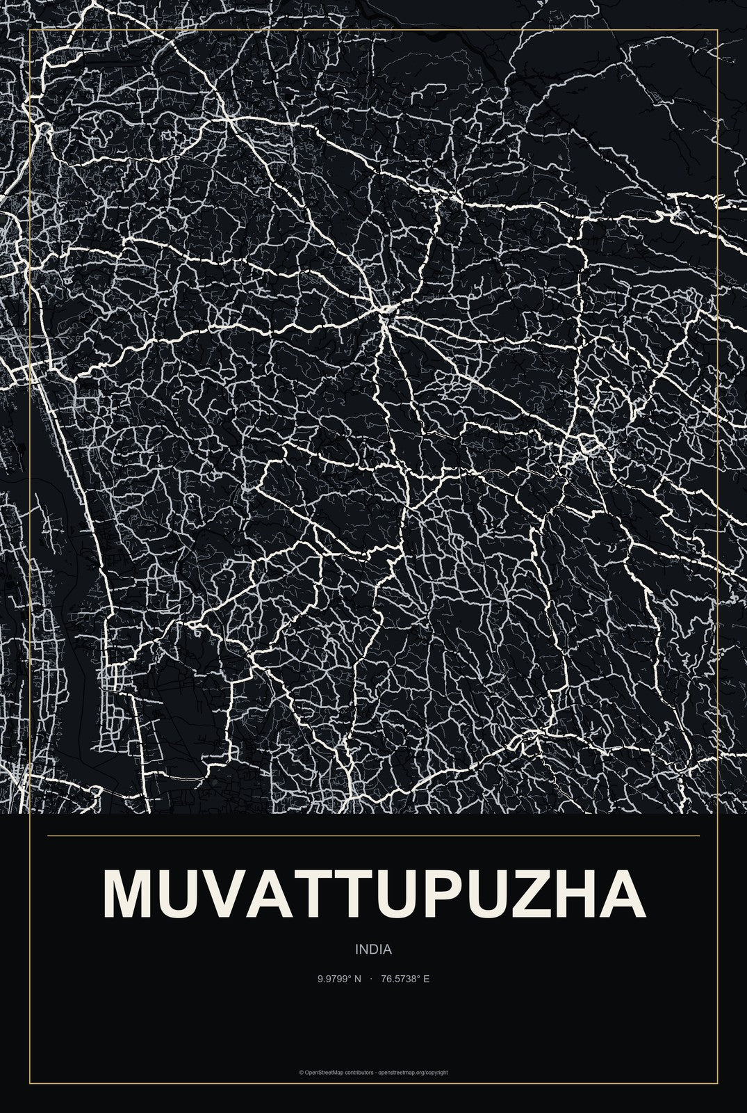 Muvattupuzha, India City Map Aluminum Sign in Metropolitan Noir style