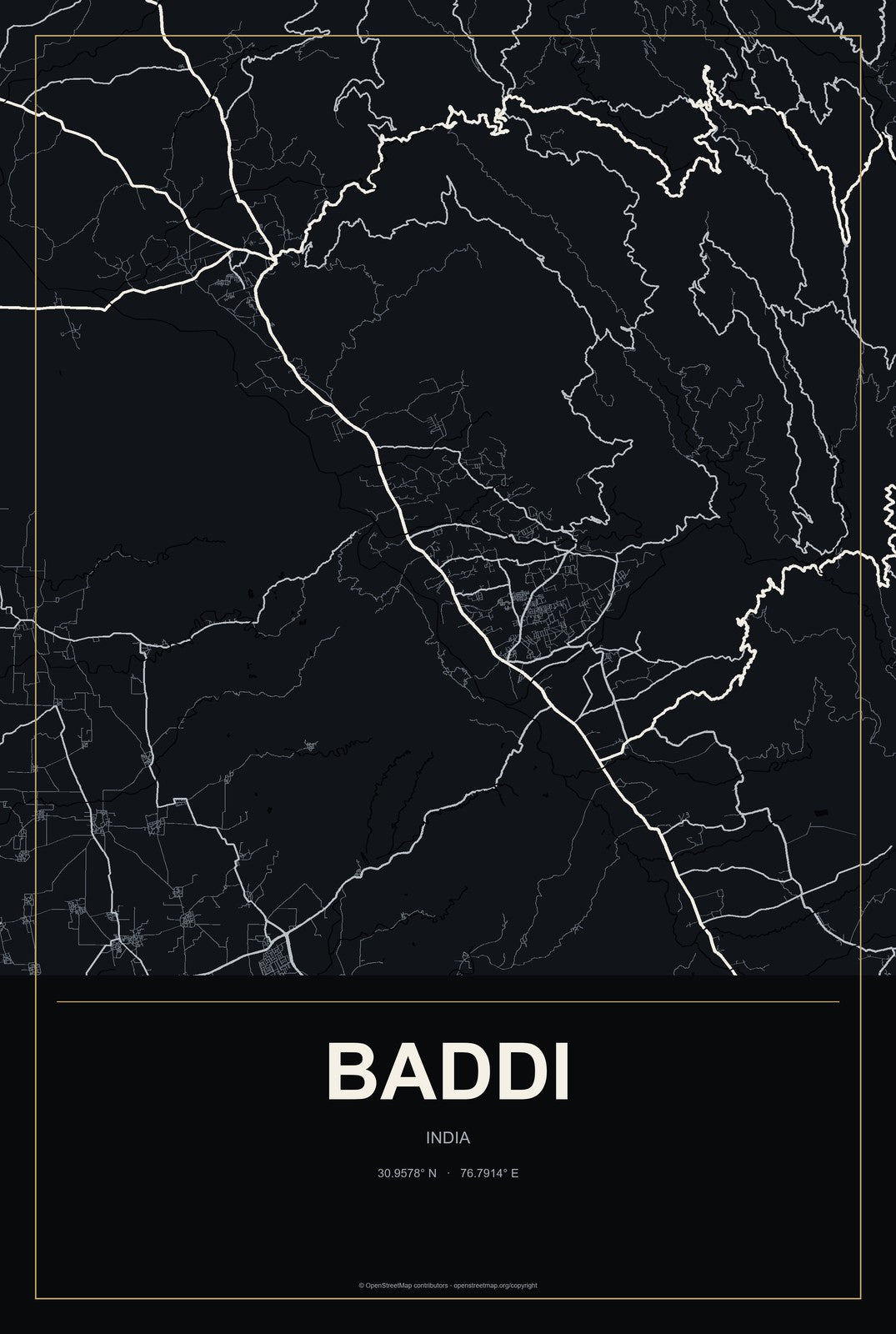Baddi, India City Map Aluminum Sign in Metropolitan Noir style