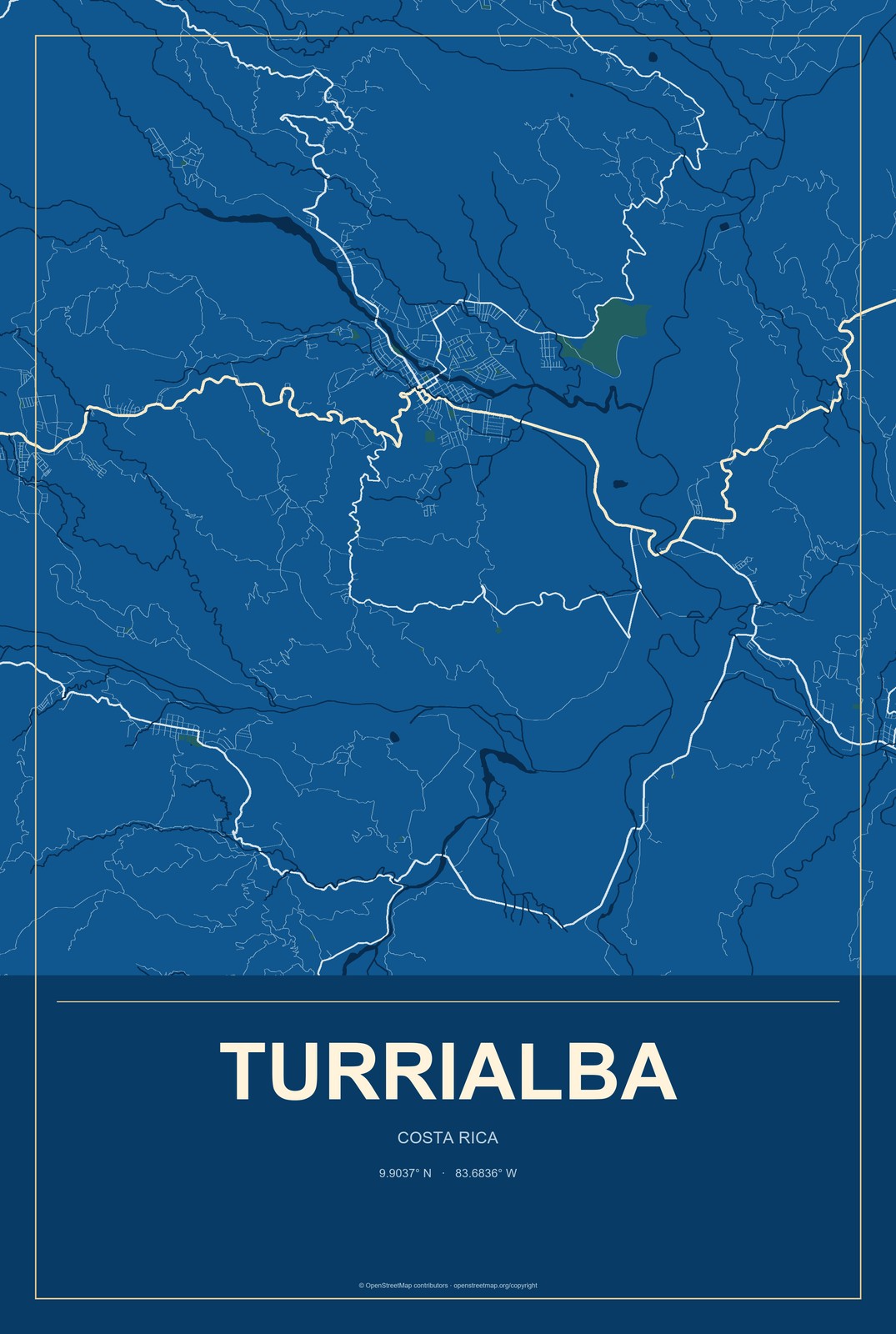 Turrialba, Costa Rica City Map Aluminum Sign in Harbor Cobalt style