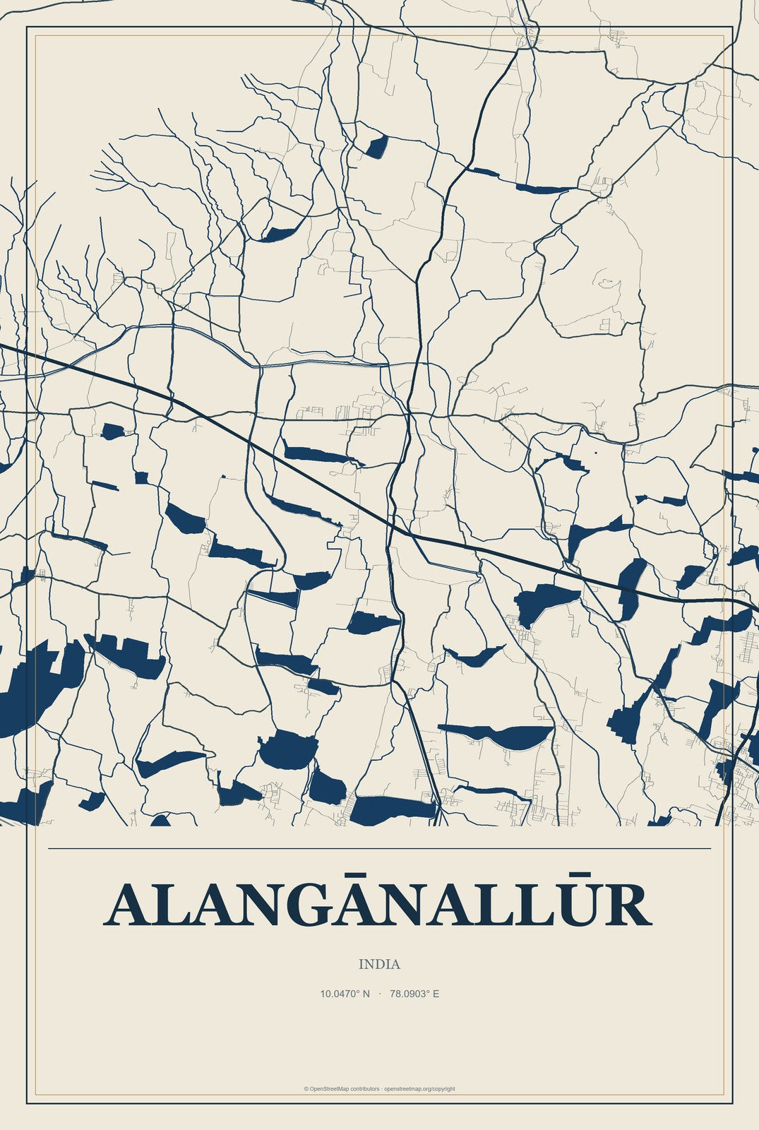 Alangānallūr, India City Map Aluminum Sign in Coastal Cutout style