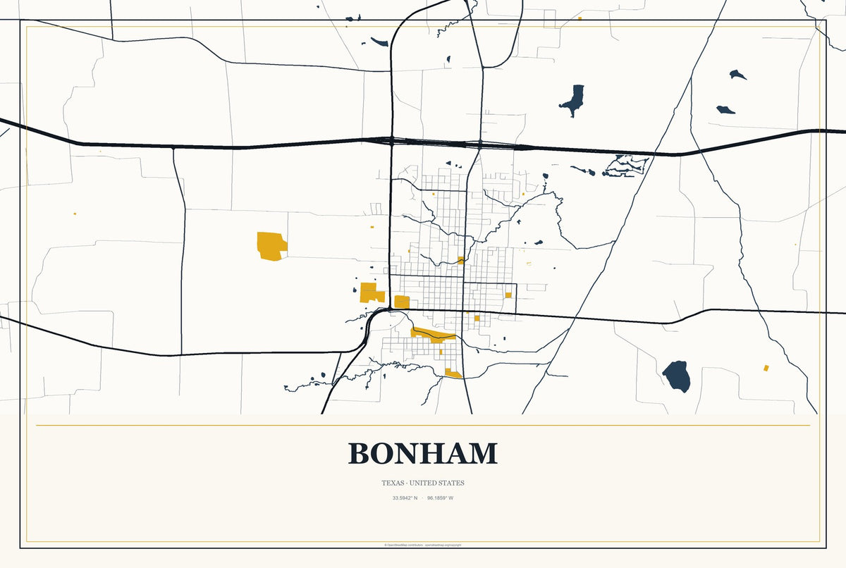 Bonham, Texas City Map Aluminum Sign in Citrine Modern style