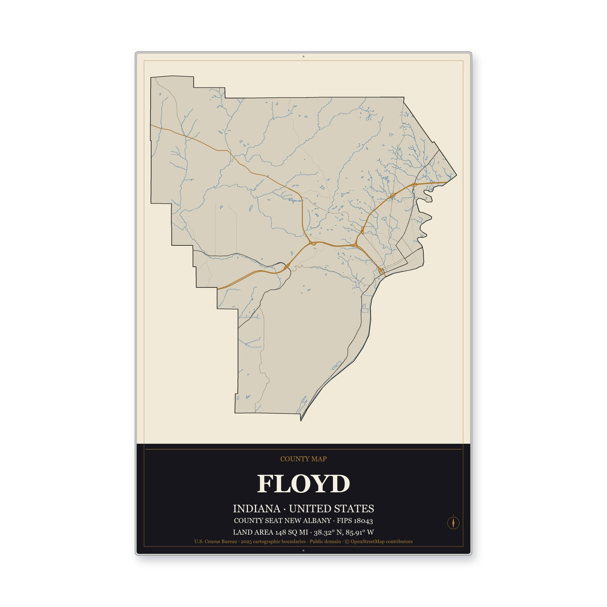 Floyd County, Indiana Map Aluminum Sign in Museum Plaque style