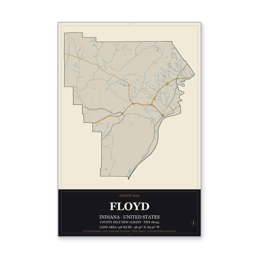 Floyd County, Indiana Map Aluminum Sign in Museum Plaque style