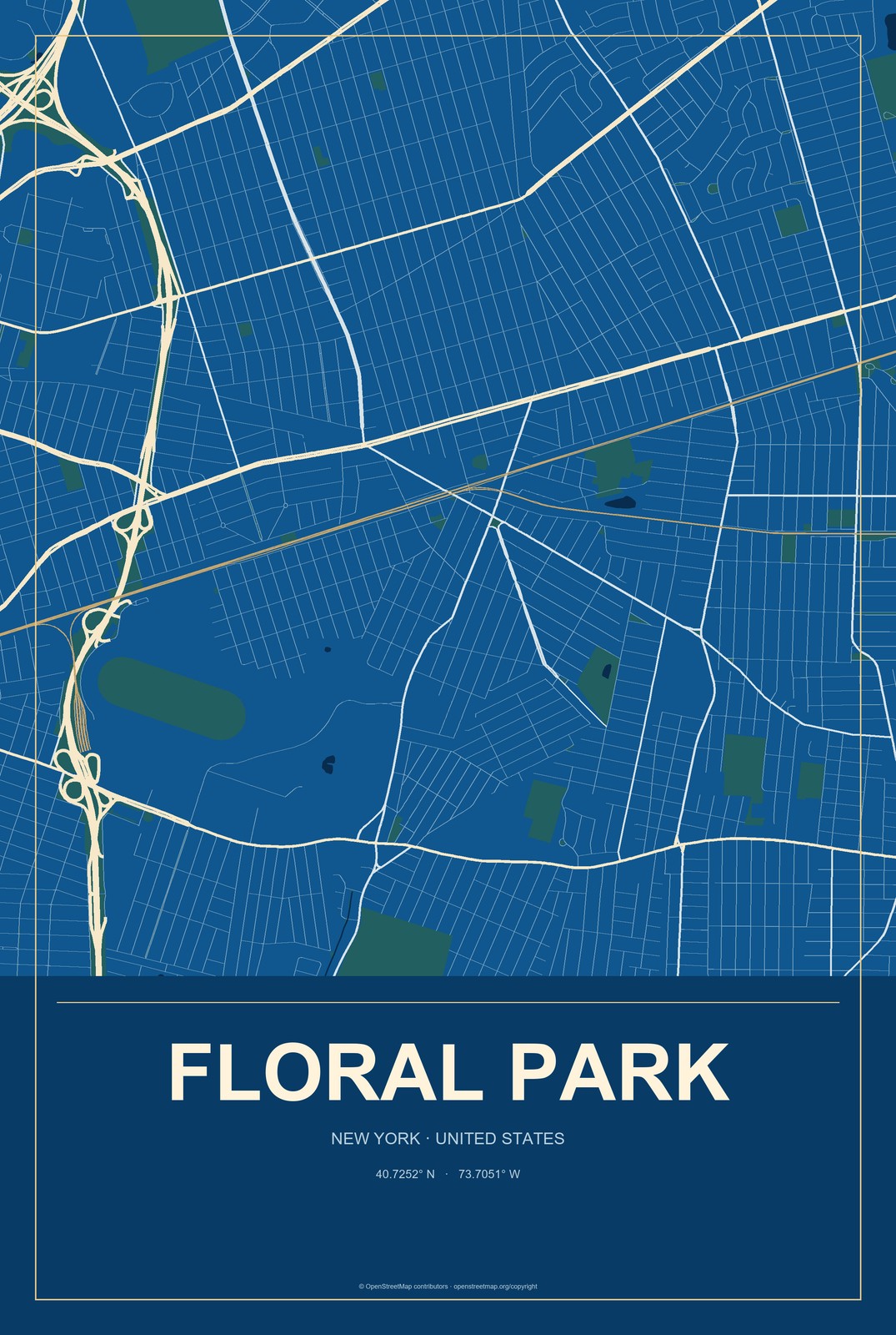 Floral Park, New York City Map Aluminum Sign in Harbor Cobalt style