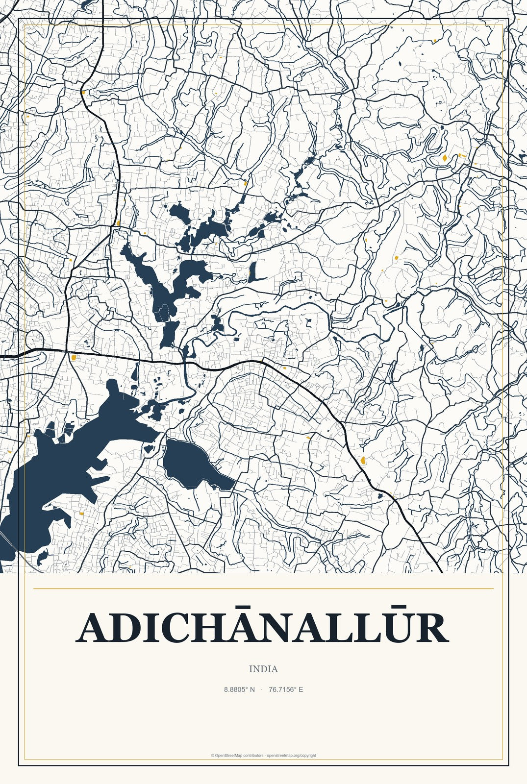 Adichānallūr, India City Map Aluminum Sign in Citrine Modern style