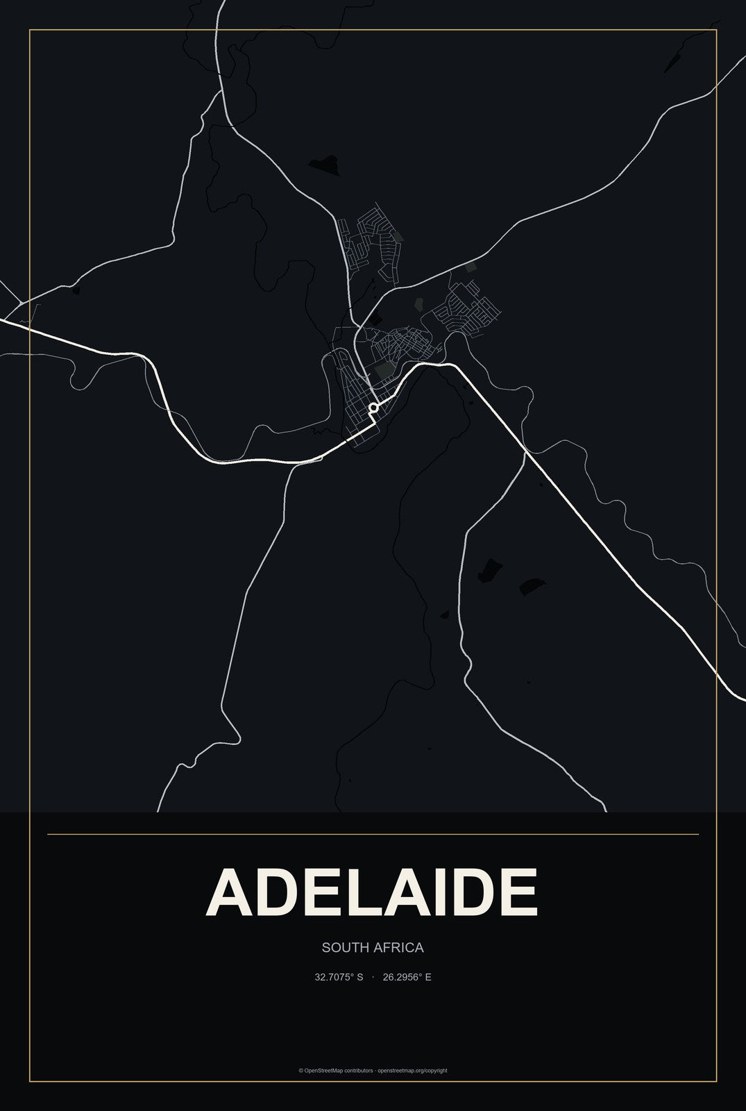 Adelaide, South Africa City Map Aluminum Sign in Metropolitan Noir style