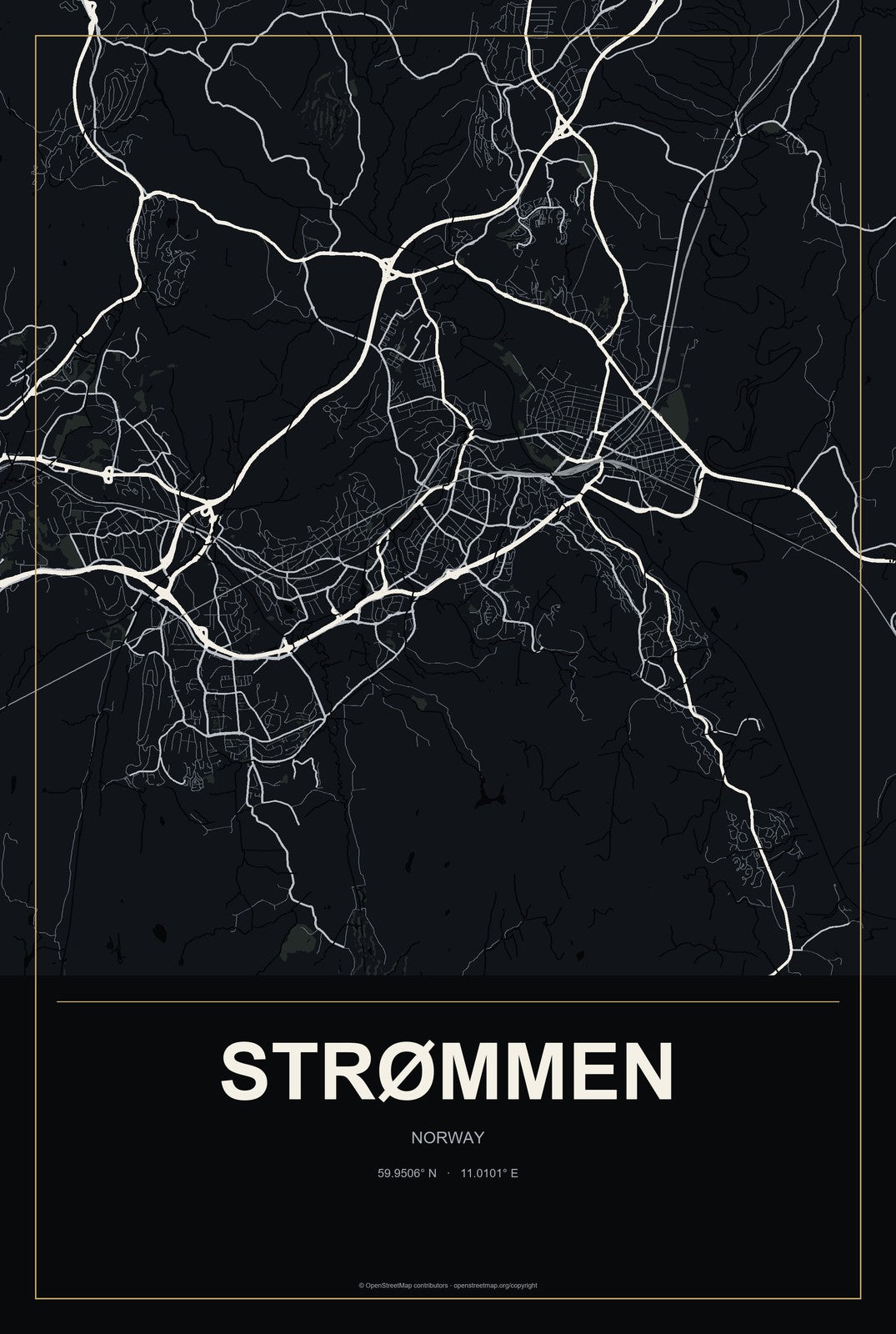 Strømmen, Norway City Map Aluminum Sign in Metropolitan Noir style